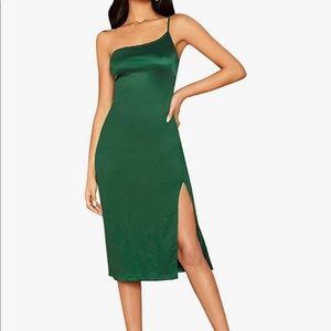 Romwe Women's Elegant One Shoulder Split Hem Satin Party Cocktail Midi Dress